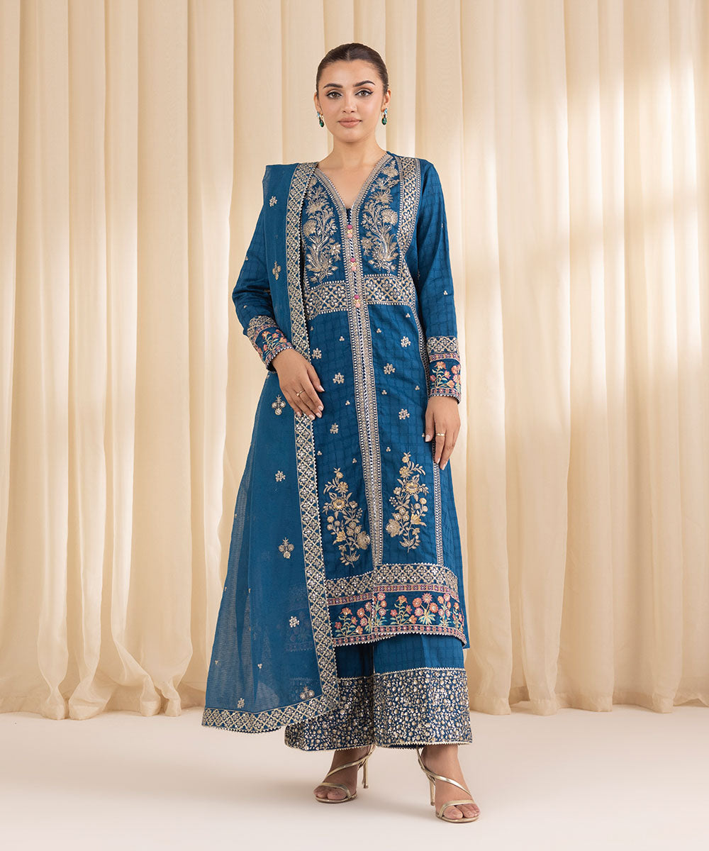 Women's RTW Dobby Blue Embroidered Three Piece Suit