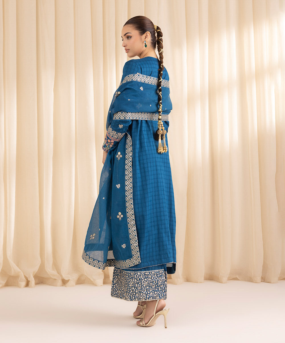 Women's RTW Dobby Blue Embroidered Three Piece Suit