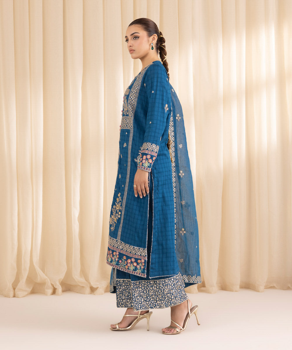 Women's RTW Dobby Blue Embroidered Three Piece Suit