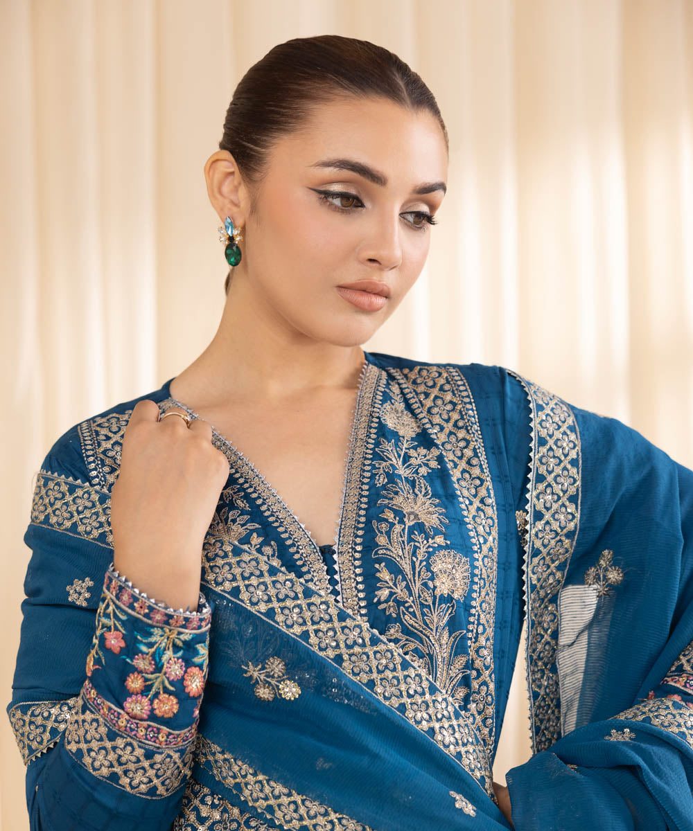 Women's RTW Dobby Blue Embroidered Three Piece Suit