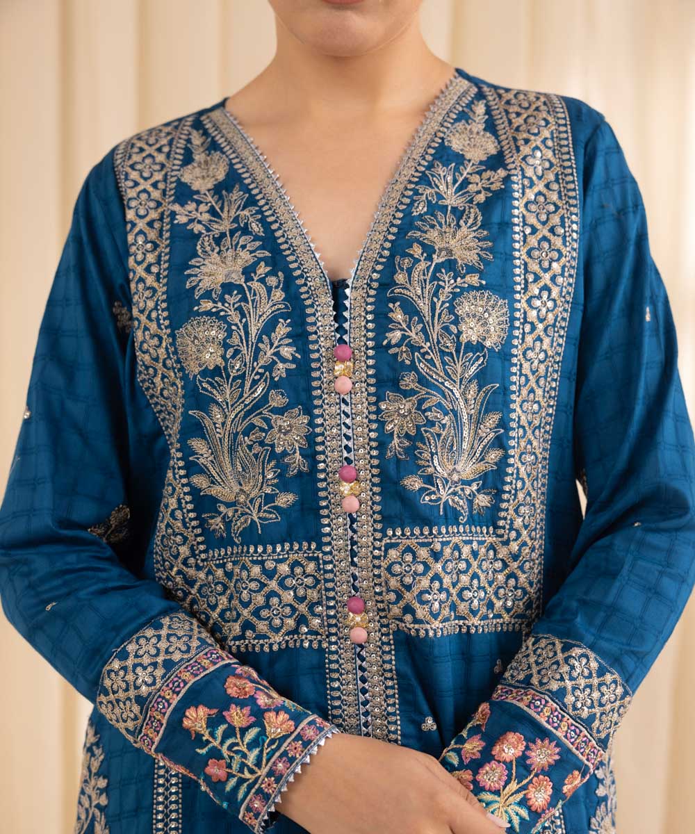 Women's RTW Dobby Blue Embroidered Three Piece Suit