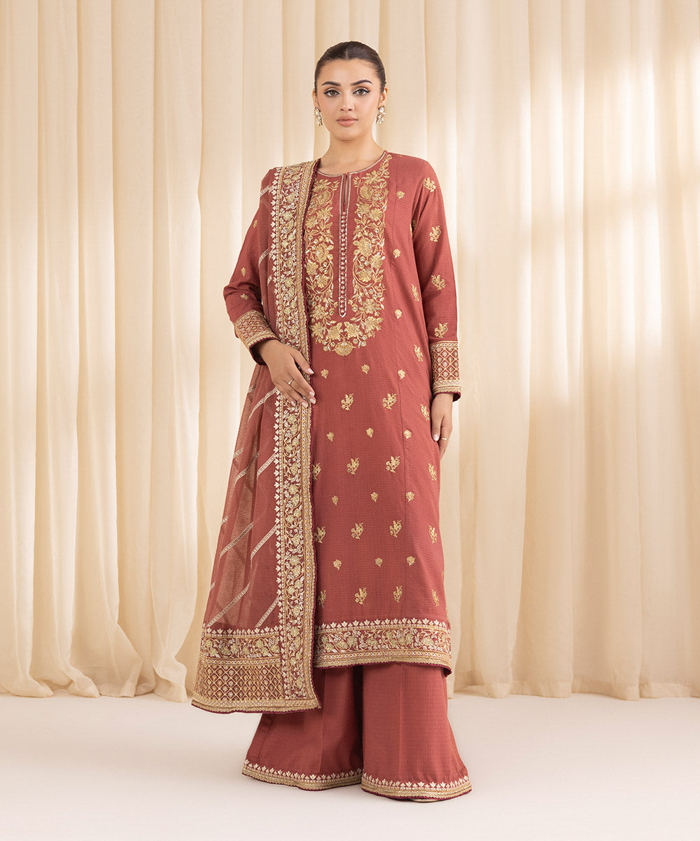 Women's RTW Dobby Red Embroidered Three Piece Suit