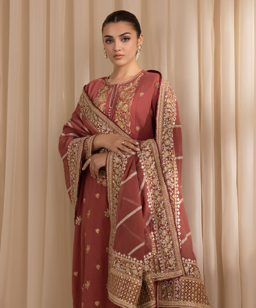 Women's RTW Dobby Red Embroidered Three Piece Suit