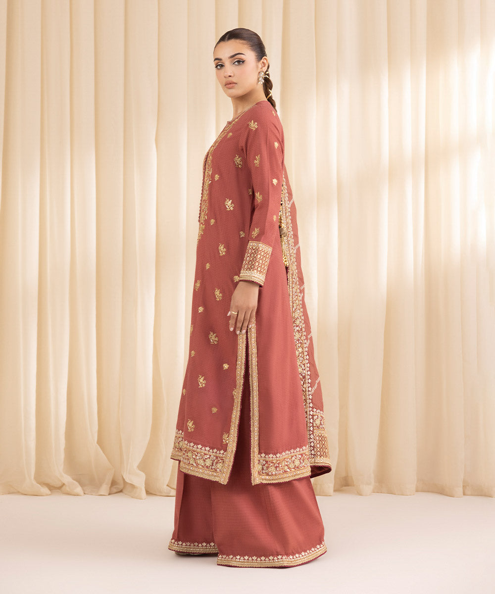 Women's RTW Dobby Red Embroidered Three Piece Suit
