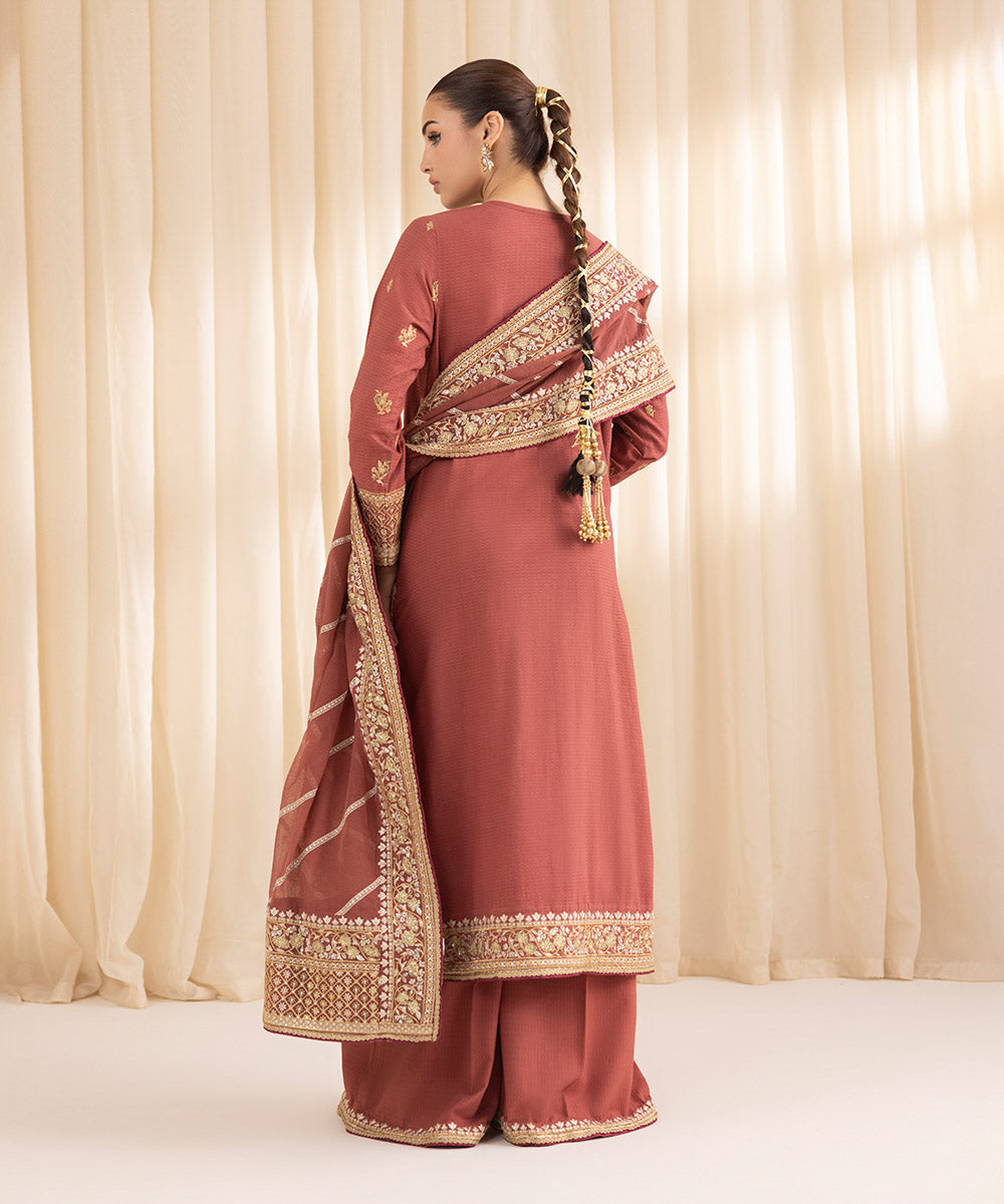 Women's RTW Dobby Red Embroidered Three Piece Suit