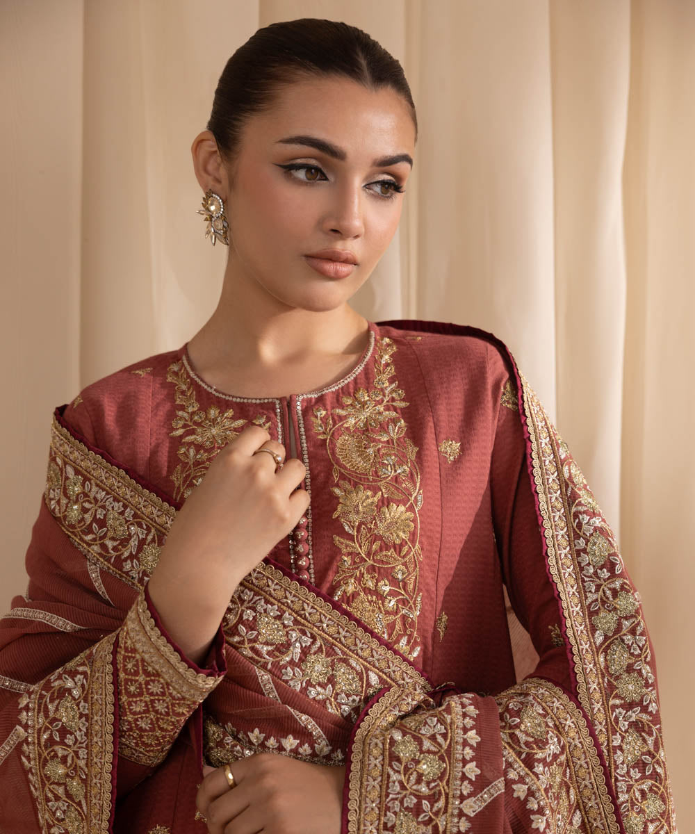 Women's RTW Dobby Red Embroidered Three Piece Suit
