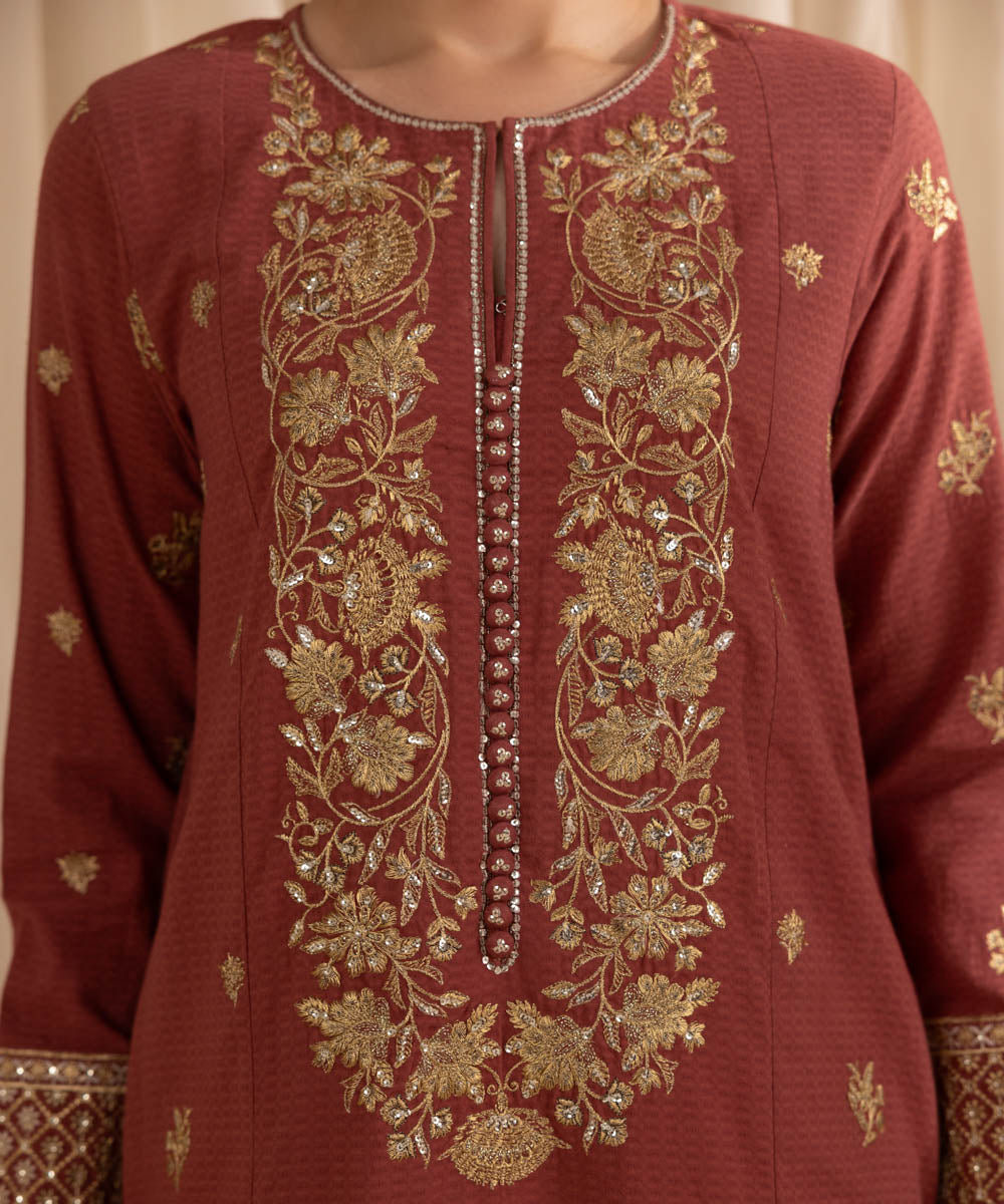 Women's RTW Dobby Red Embroidered Three Piece Suit