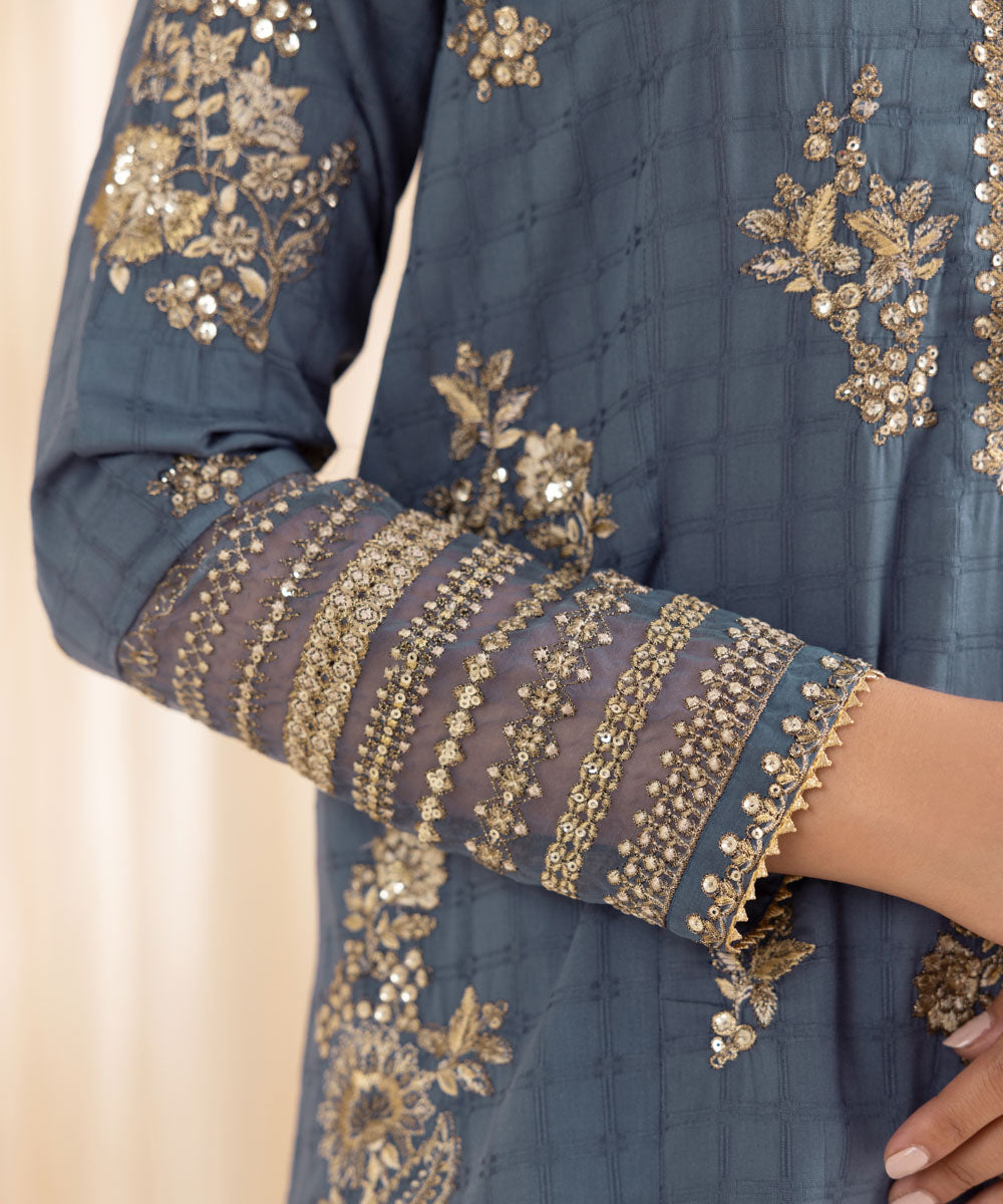 Women's RTW Dobby Blue Embroidered Three Piece Suit