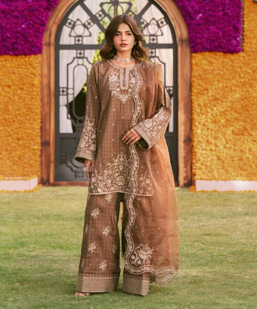 Women's RTW Dobby Brown Embroidered Three Piece Suit