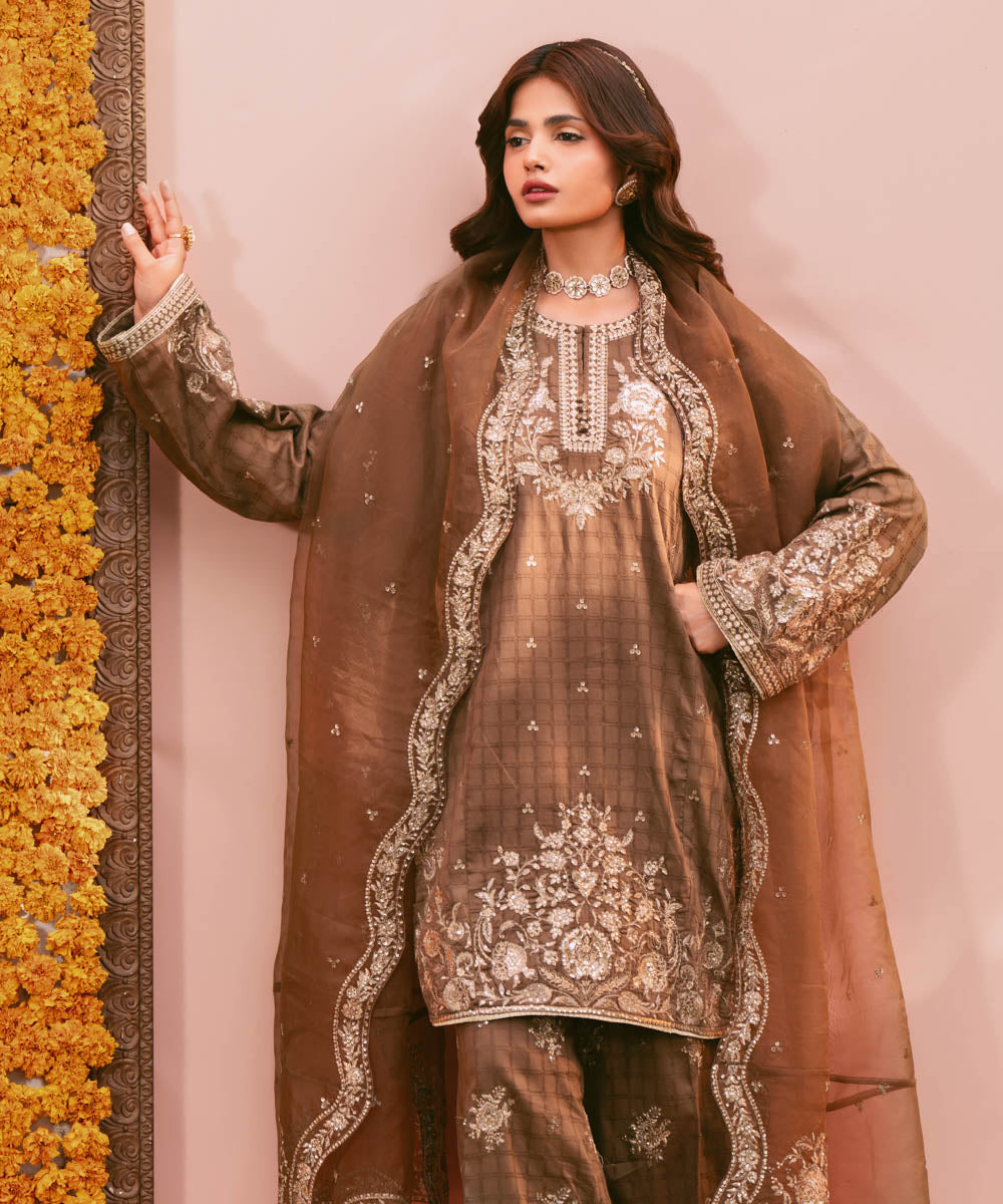 Women's RTW Dobby Brown Embroidered Three Piece Suit