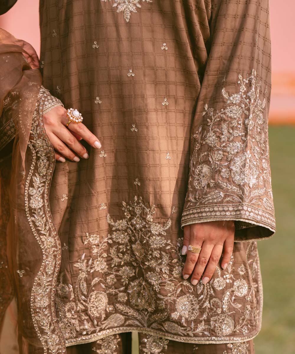 Women's RTW Dobby Brown Embroidered Three Piece Suit