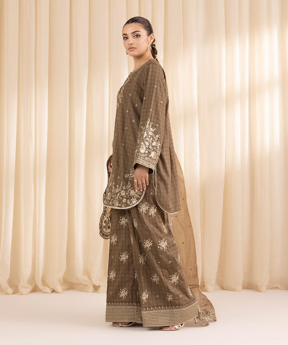 Women's RTW Dobby Brown Embroidered Three Piece Suit