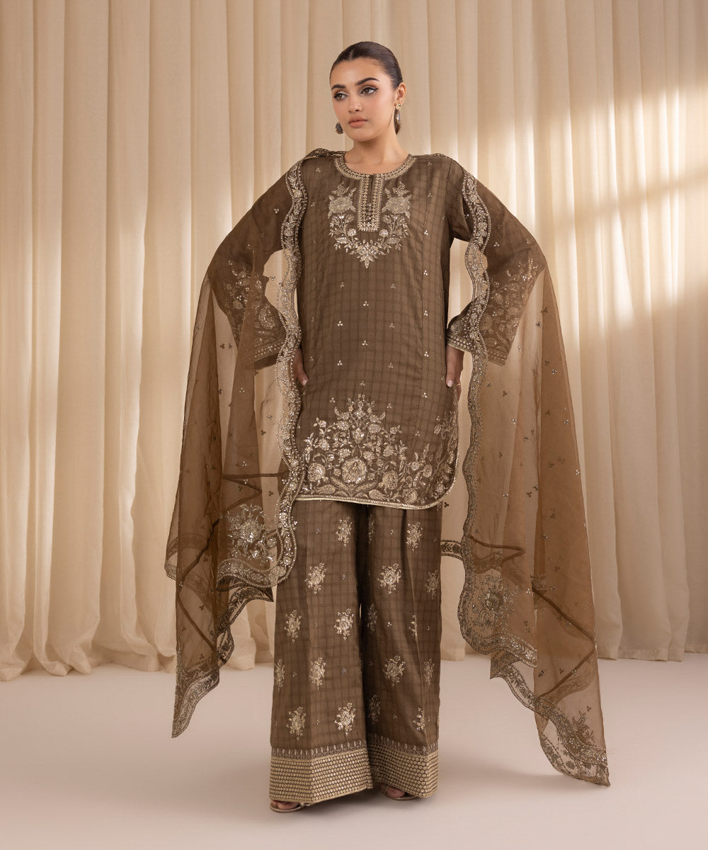 Women's RTW Dobby Brown Embroidered Three Piece Suit