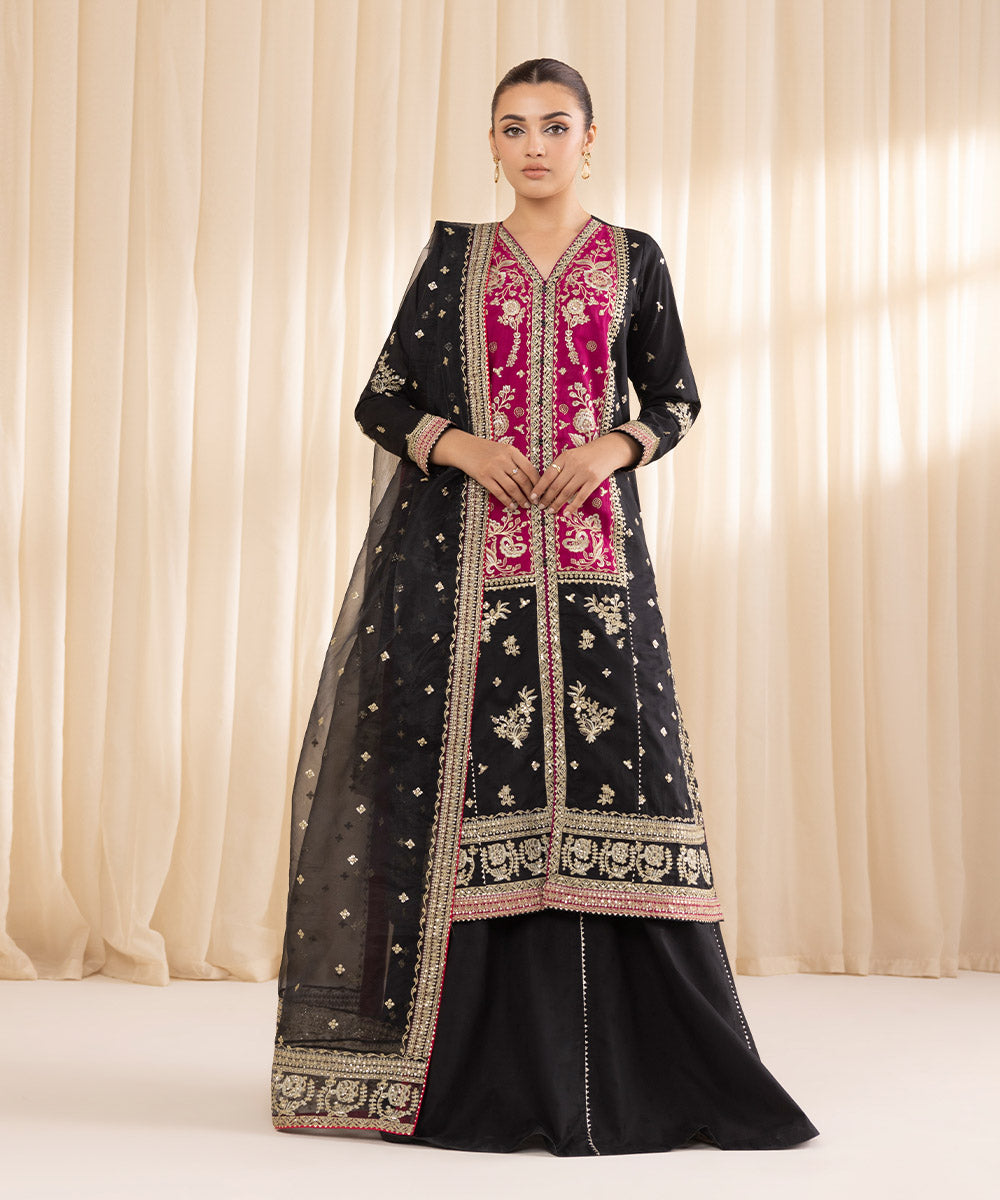 Women's RTW Cotton Jacquard Black Embroidered Three Piece Suit