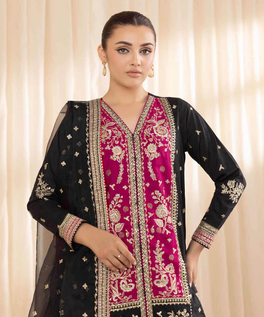 Women's RTW Cotton Jacquard Black Embroidered Three Piece Suit