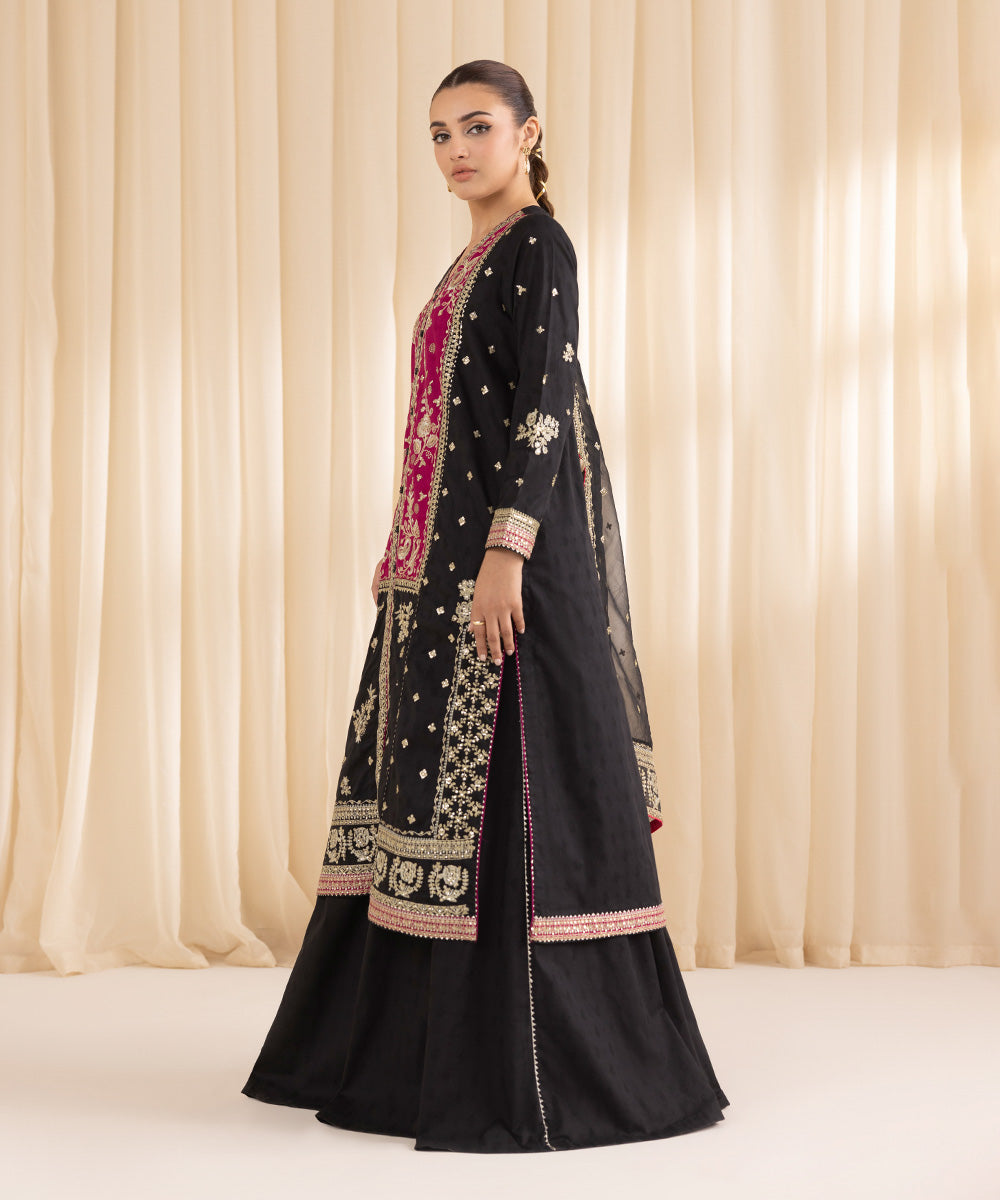 Women's RTW Cotton Jacquard Black Embroidered Three Piece Suit