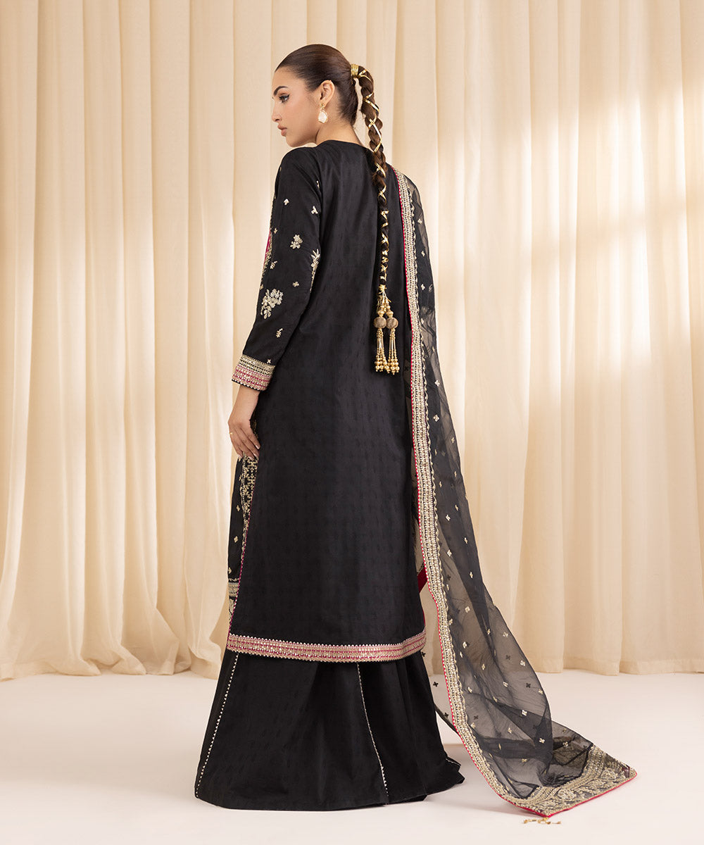 Women's RTW Cotton Jacquard Black Embroidered Three Piece Suit