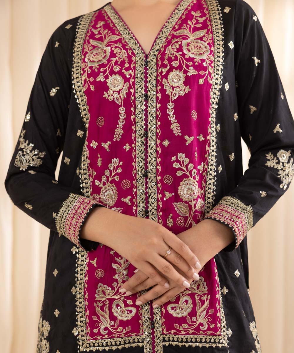 Women's RTW Cotton Jacquard Black Embroidered Three Piece Suit
