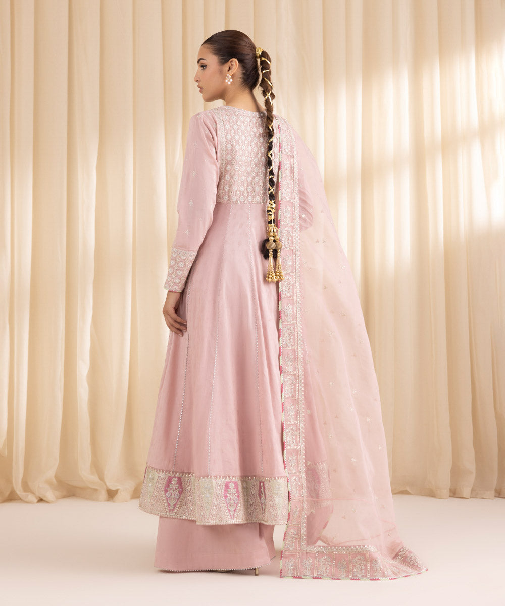 Women's RTW Cotton Jacquard Pink Embroidered Three Piece Suit