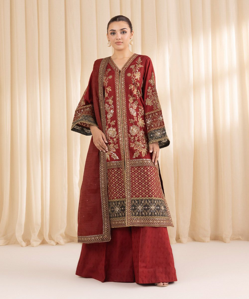 Women's RTW Cotton Jacquard Red Embroidered Three Piece Suit