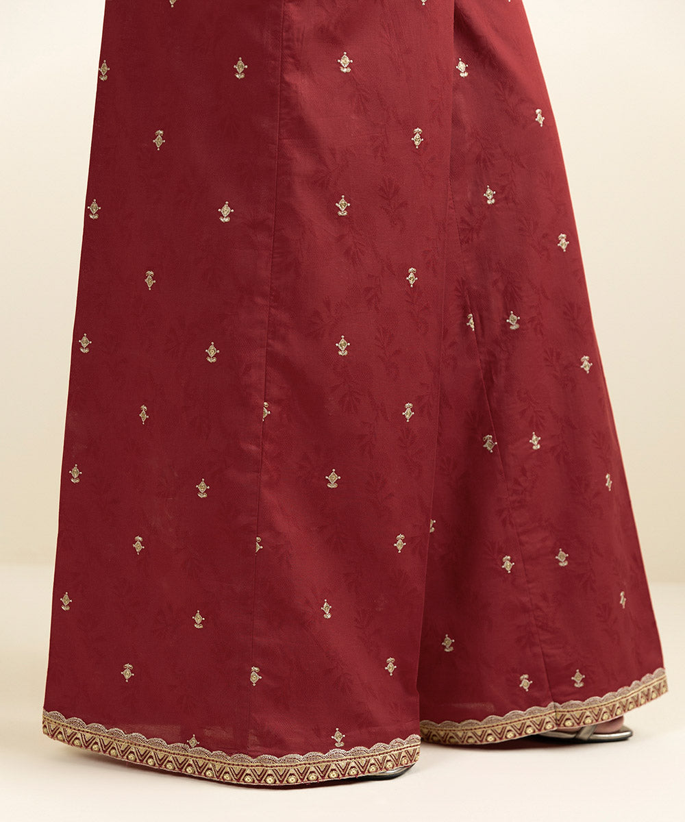 Women's Pret Cotton Jacquard Embroidered Red Culottes