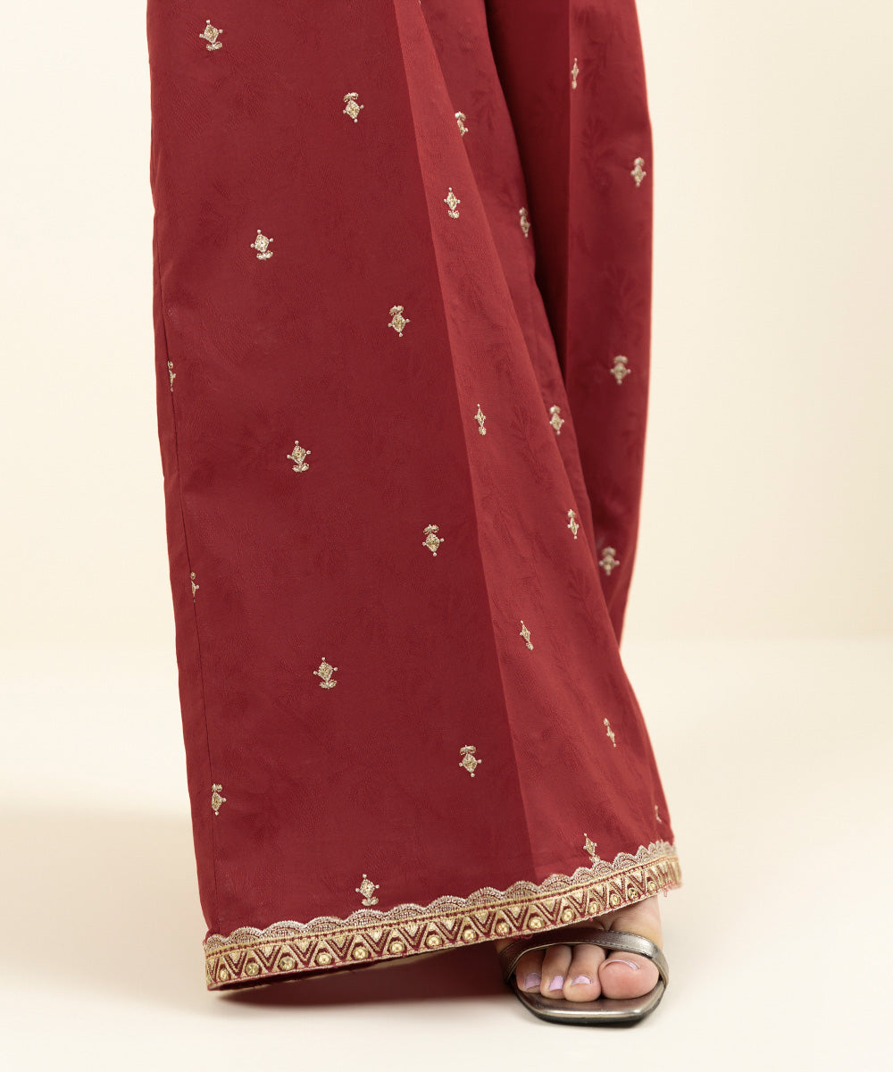 Women's Pret Cotton Jacquard Embroidered Red Culottes