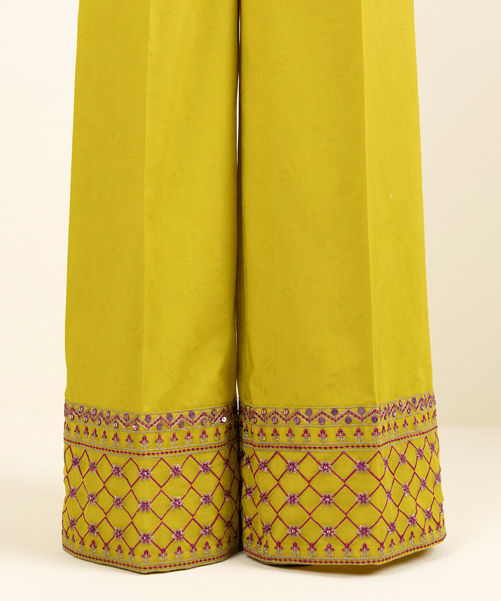 Women's Pret Cotton Jacquard Embroidered Yellow Culottes