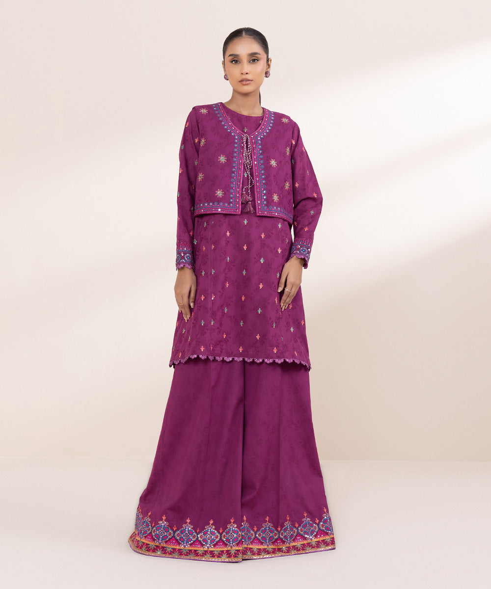 Women's Pret Cotton Jacquard Embroidered Purple Front Open Coatie