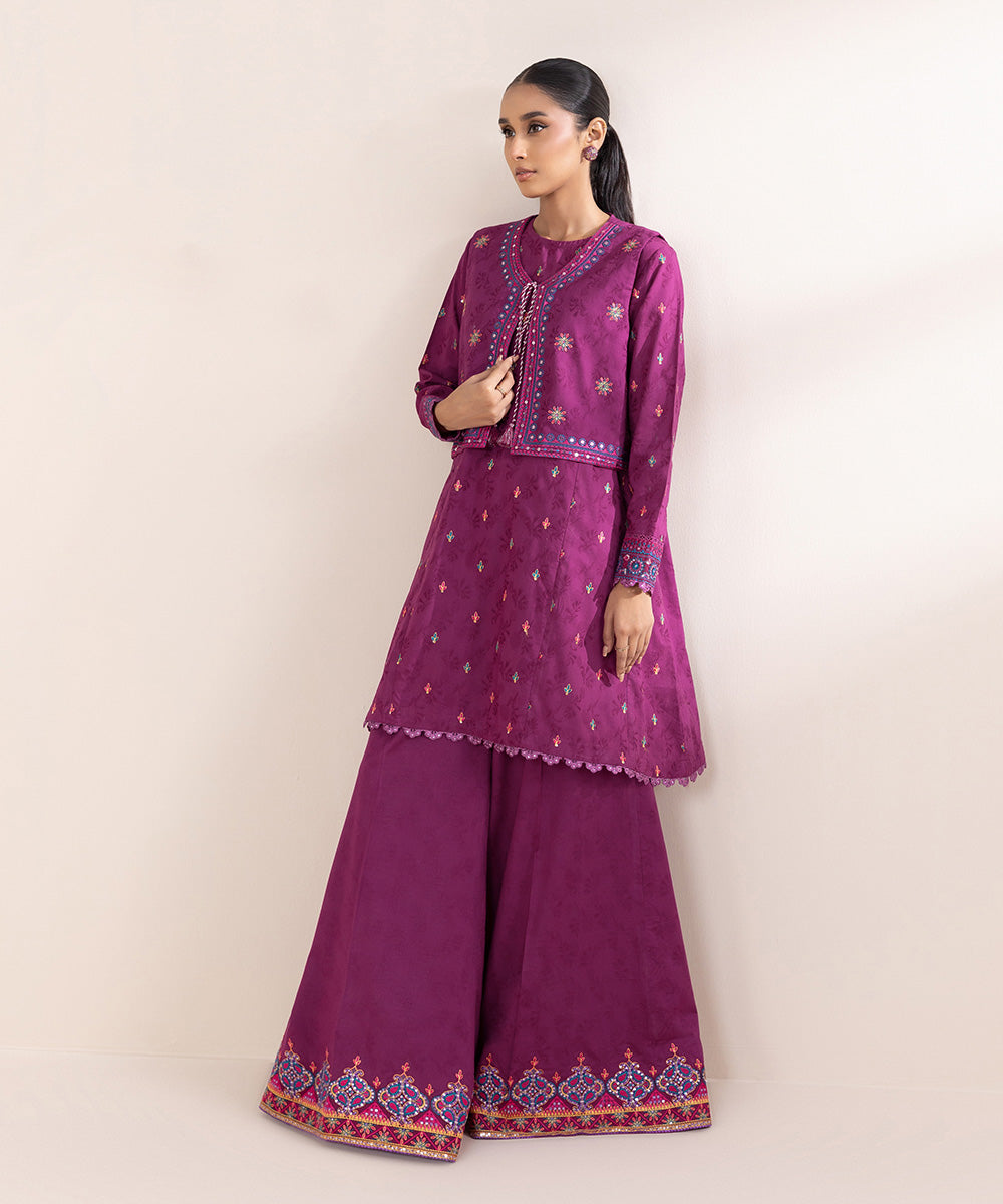 Women's Pret Cotton Jacquard Embroidered Purple Front Open Coatie