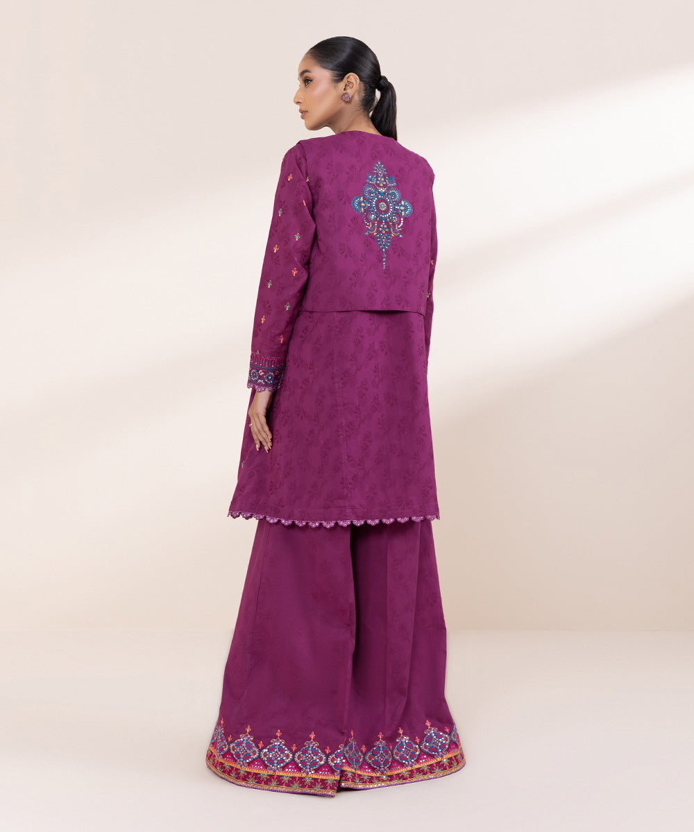 Women's Pret Cotton Jacquard Embroidered Purple Front Open Coatie