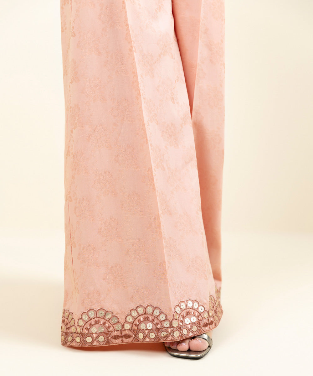 Women's Pret Cotton Jacquard Embroidered Pink Flared Pants