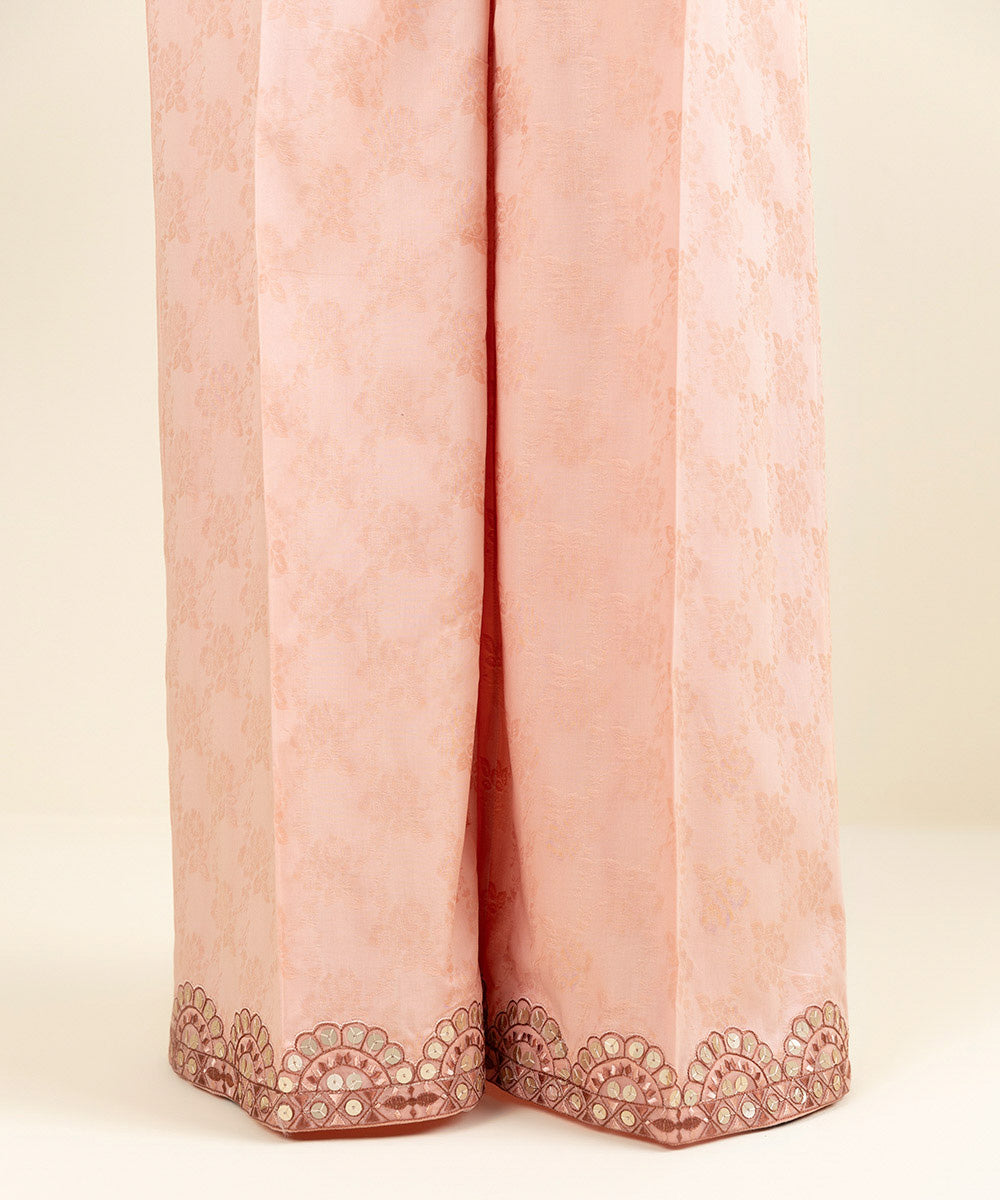 Women's Pret Cotton Jacquard Embroidered Pink Flared Pants