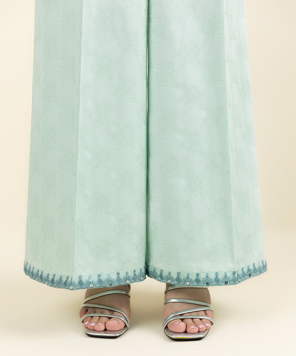 Women's Pret Cotton Jacquard Embroidered Blue Culottes