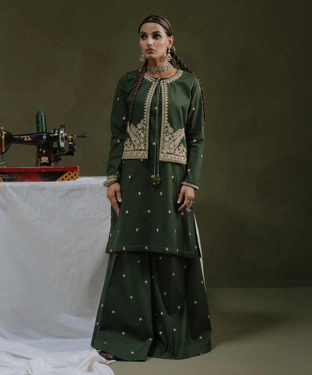 Women's RTW Textured Cotton Green Embroidered Front Open Waistcoat