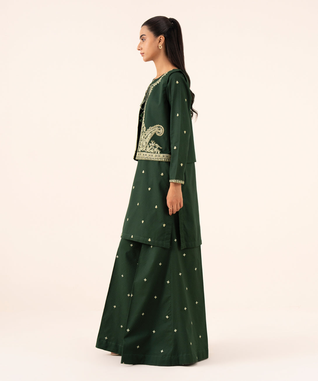 Women's RTW Textured Cotton Green Embroidered Front Open Waistcoat