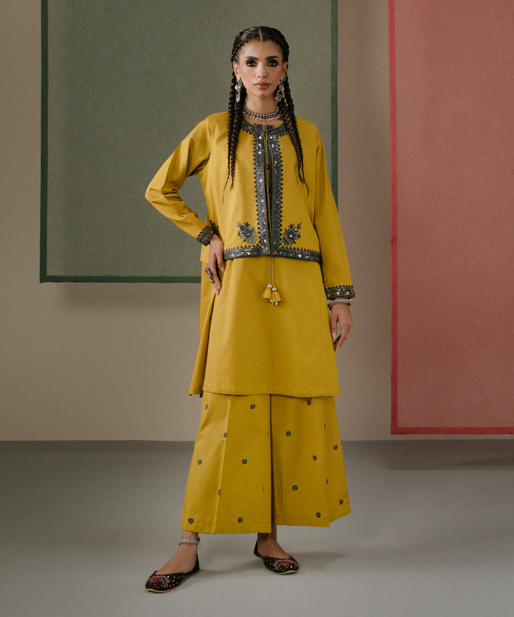 Women's RTW Textured Cotton Yellow Embroidered Front Open Waistcoat