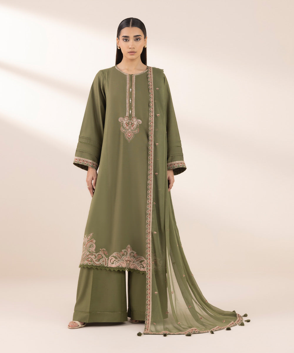 Blended Chiffon Olive Embroidered Dupatta