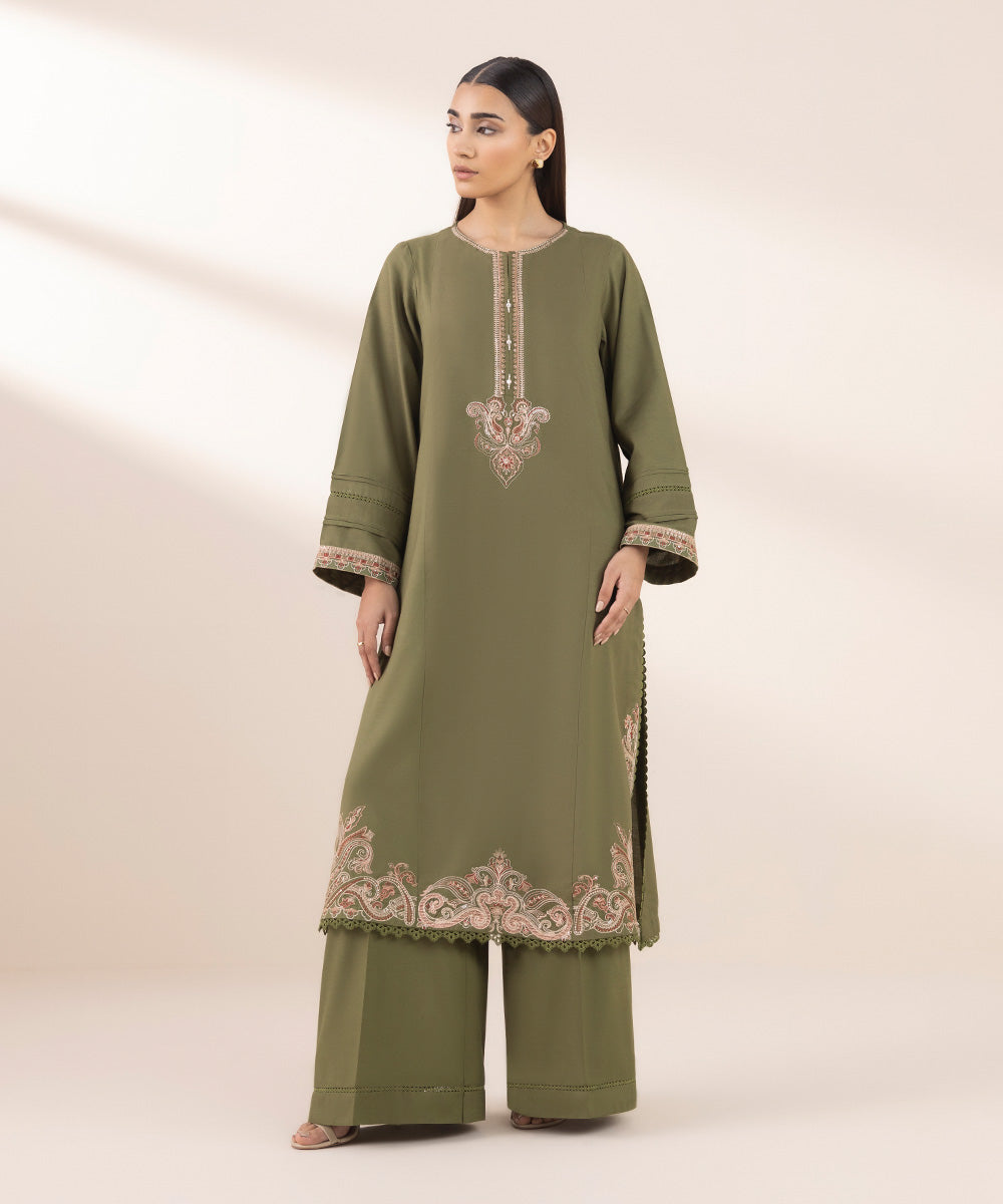 Women's Pret Cotton Viscose Olive Embroidered Straight Shirt