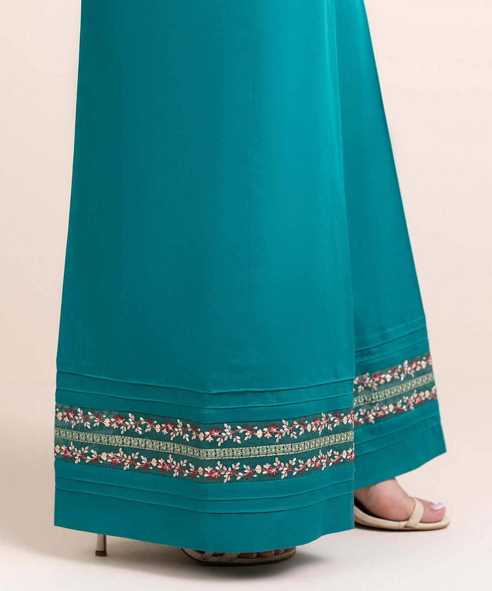 Women's Pret Blended Satin Blue Embroidered Culottes