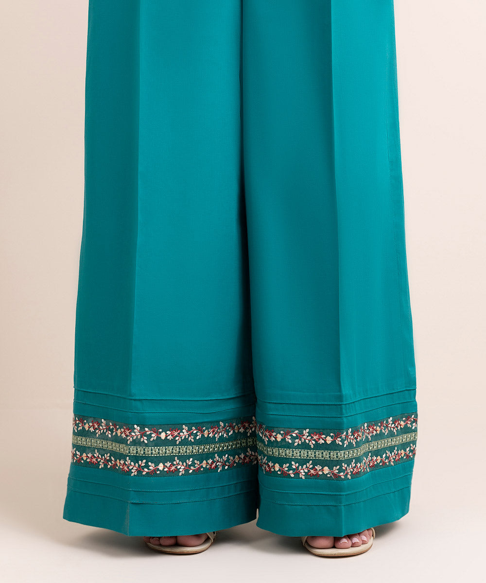 Women's Pret Blended Satin Blue Embroidered Culottes