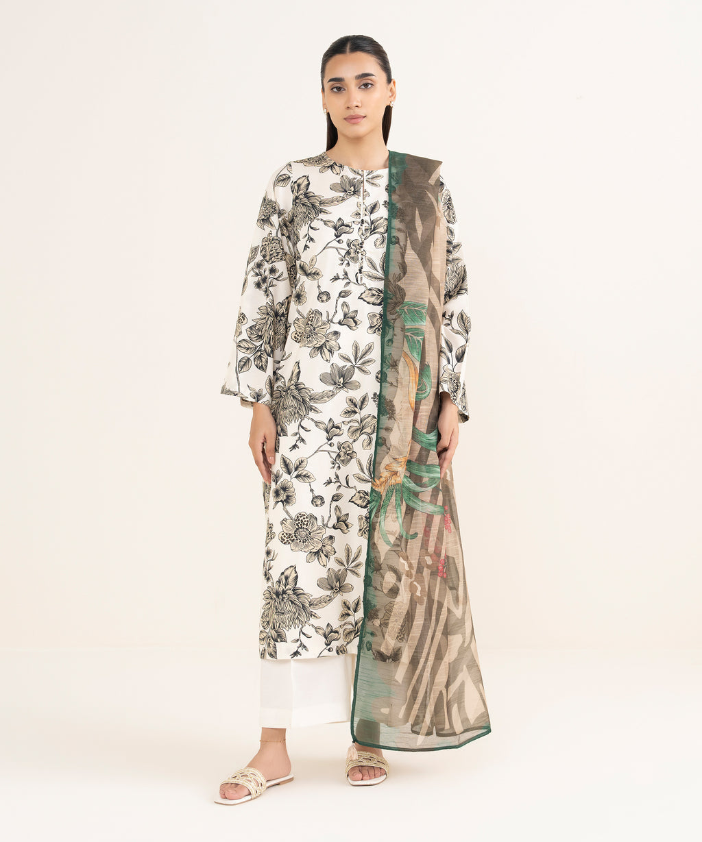 Blended Raw Net Beige Printed Dupatta