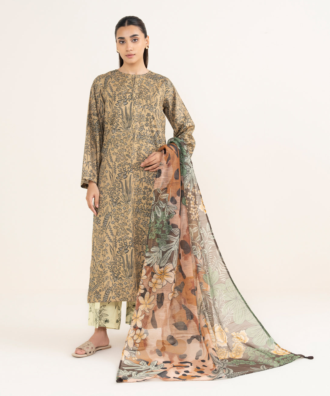 Blended Raw Net Brown Printed Dupatta