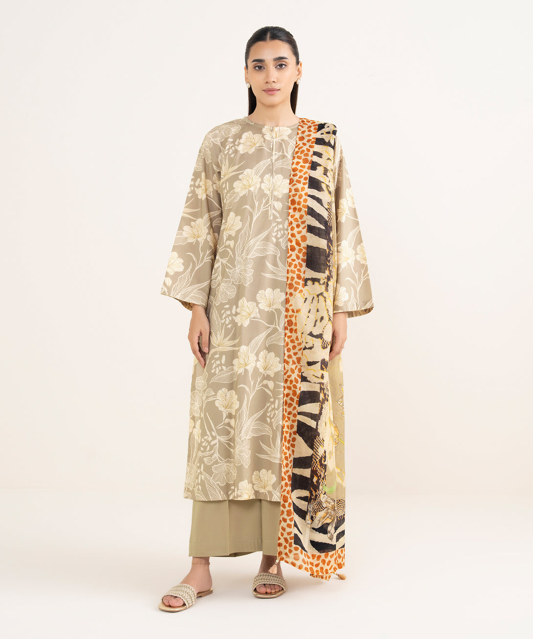 Tussar Silk Beige Printed Dupatta
