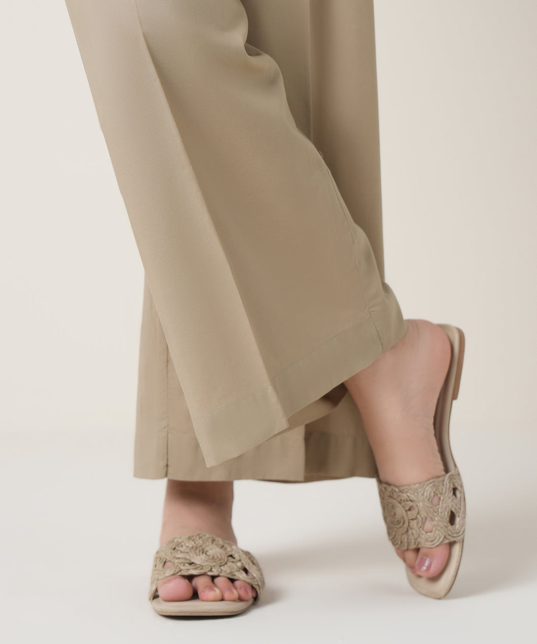 Women's RTW Viscose Lawn Beige Solid Trousers