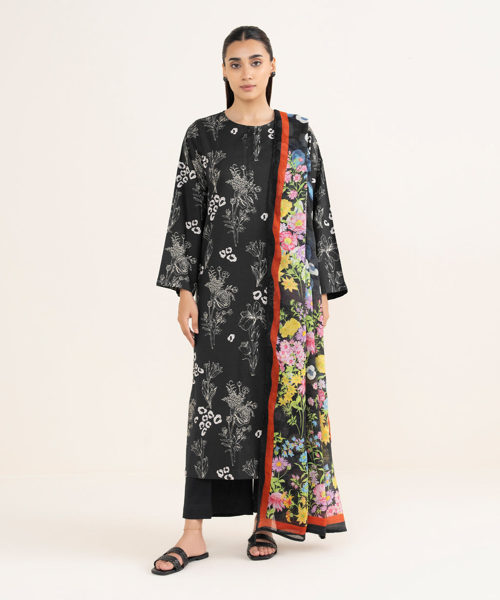 Tussar Silk Black Printed Dupatta