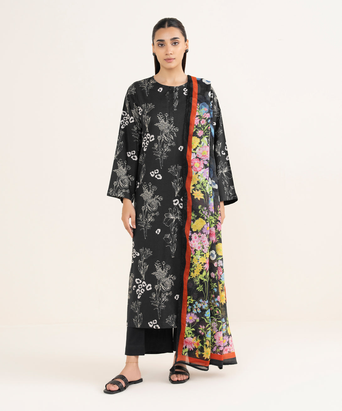 Tussar Silk Black Printed Dupatta