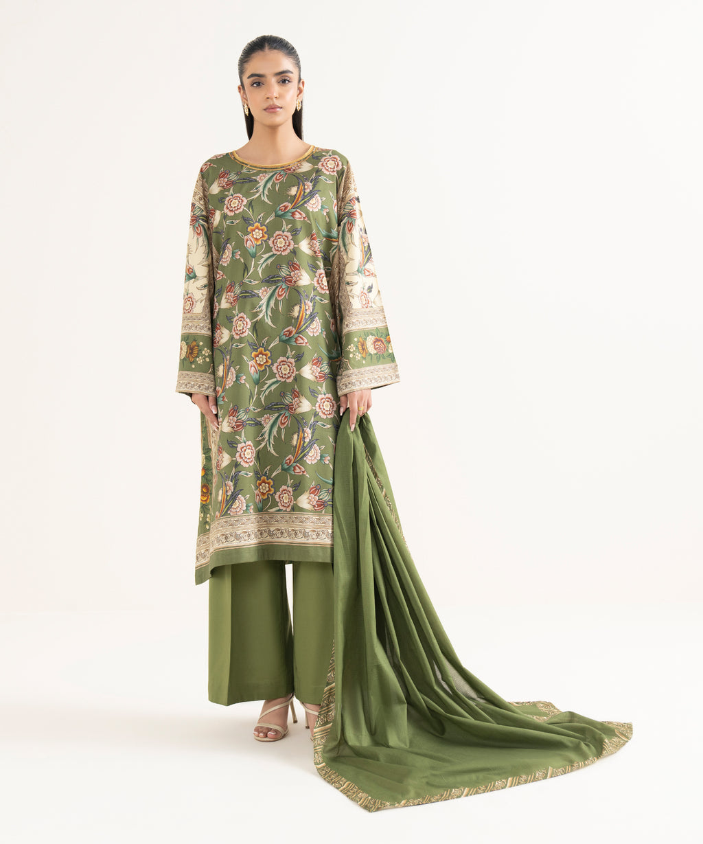 Textured Voile Printed Green Dupatta