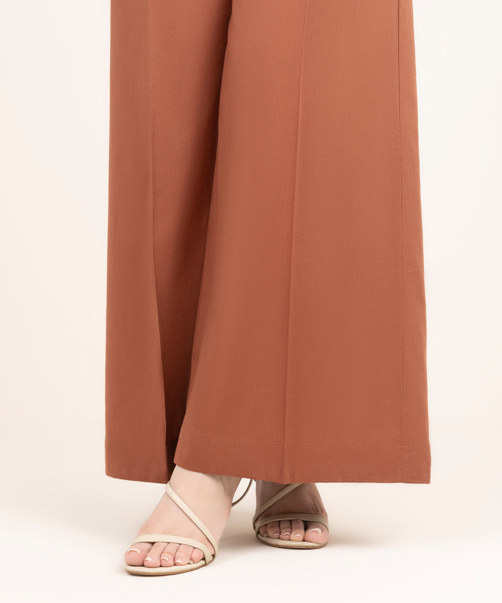 Women's RTW Cotton Viscose Solid Brown Flared Pants