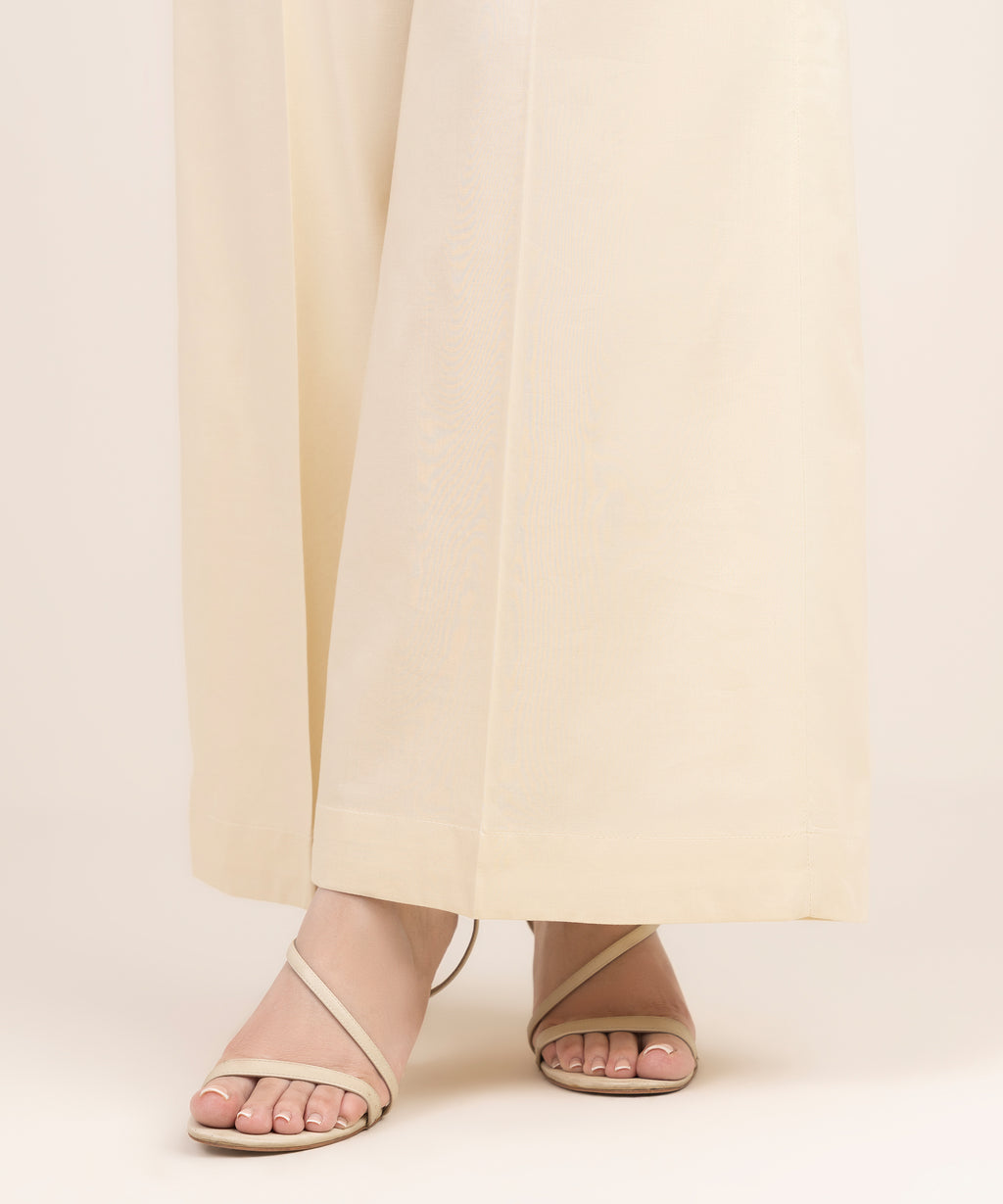 Women's RTW Cotton Viscose Solid Off White Flared Pants