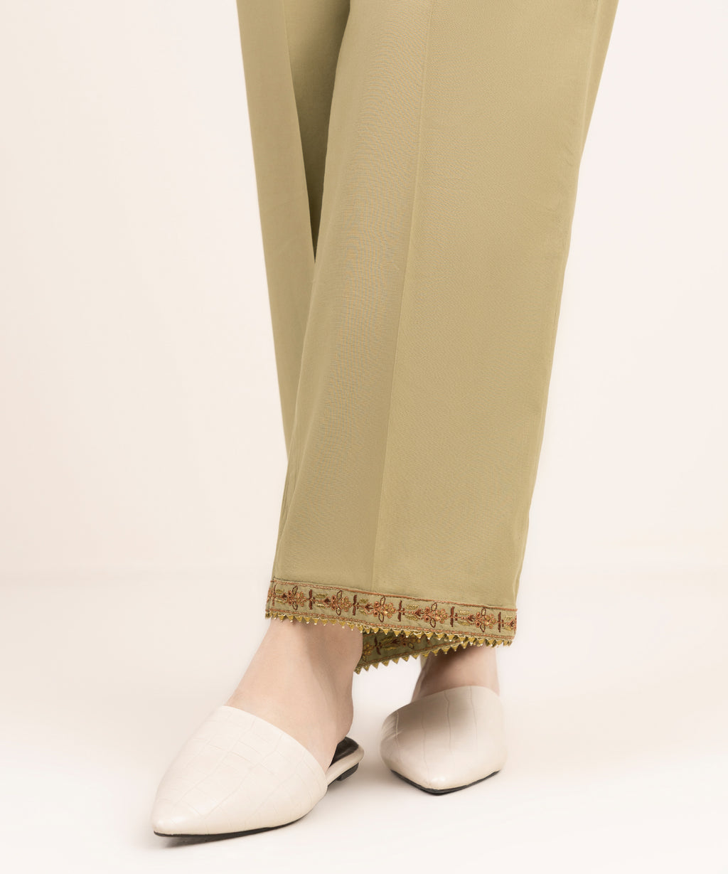 Women's RTW Cotton Viscose Embroidered Beige Straight Pants